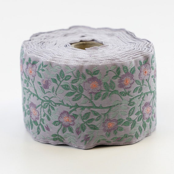 KAFKA L-01/18 Jacquard Ribbon Woven Organic Cotton Trim 2-3/8" wide (60mm) Lilac Background w/Purple Dog Roses, 2-Tone Green Leaves/Vines
