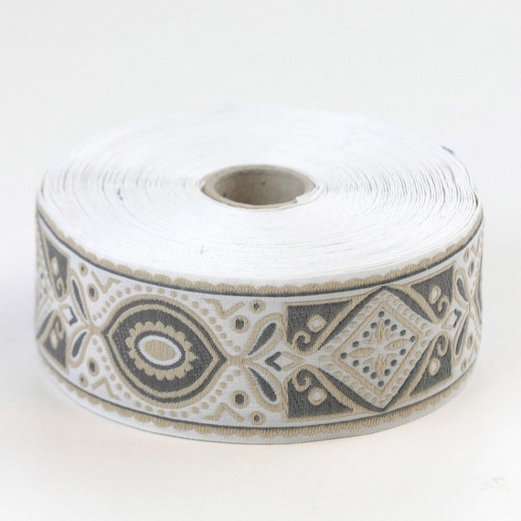 KAFKA H-18/02 Jacquard Ribbon Woven Organic Cotton Trim, 1+9/16" wide (40mm) Beautiful Ornate Block Design in Off-White, Gray & Beige