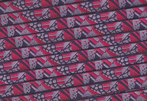 KAFKA A-13/11 Jacquard Ribbon Organic Cotton Woven Trim 3/8" wide (9mm) Abstract in Navy, Lilac & Red