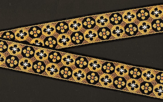 FLORAL H-03-A Jacquard Ribbon Cotton Trim, 1-3/8" Wide (34mm) Black w/Mosaic Pattern in Brown/Mustard, White & Orange Accents, Per Yard