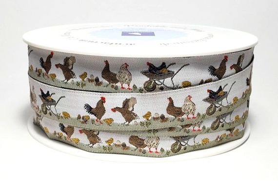 SOPHIA DRESCHER Animals Jacquard Ribbon Woven Trim 5/8" wide (16mm) From Germany, White w/Chickens, Hens & Roosters