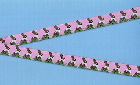 ANIMALS/Farm C-01-A Jacquard Ribbon Poly Trim 5/8" wide (16mm) EASTER Pink Background w/Chocolate Bunny Rabbits, Blue Bows