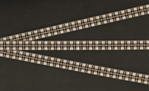 PLAIDS B-01-B Jacquard Ribbon Poly Trim 1/2" wide (13mm) Douglas Paquette, Tartan Plaid in Black, Beige, Tan & Gray