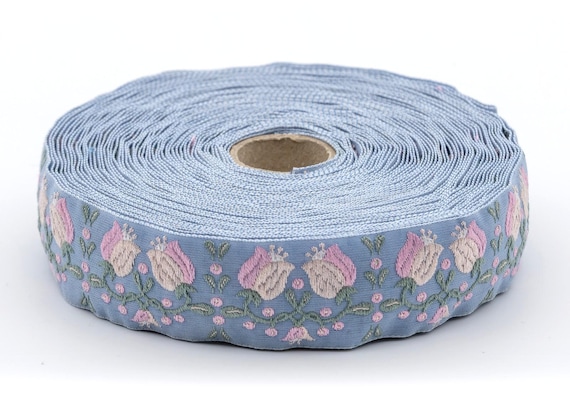 KAFKA F-18/02 Jacquard Ribbon Woven Organic Cotton Trim 1" wide (25mm) Blue Background w/Variegated Pink Bellflowers, Green Leaves