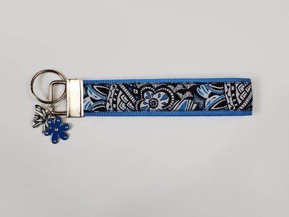 FLORAL Jacquard Ribbon/Nylon Web 1" wide (25mm) Key Fobs, B&W Blue Floral w/Charms, Keychain, Key Wristlet, Luggage Tags, 5.5" long