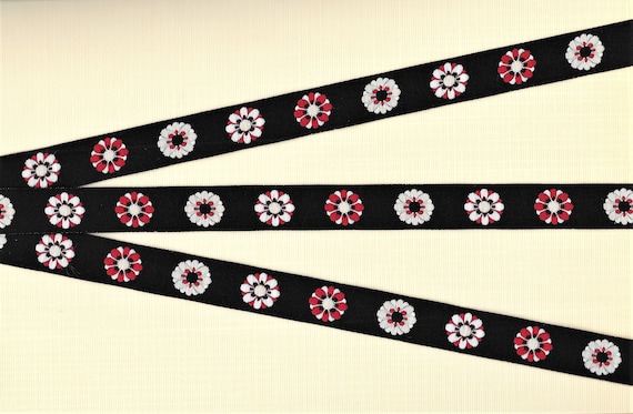 FLORAL C-45-G Jacquard Ribbon Polyester Trim 5/8" wide (16mm) Kaffe Fassett, Black Background w/White, Cream, Red & Black Flowers