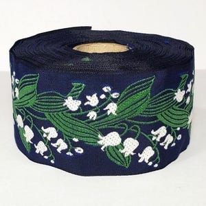 KAFKA H-02/04 Jacquard Ribbon Woven Organic Cotton Trim 1-1/2" wide (38mm) Navy Background w/White Lilies of the Valley, Green Leaves/Stems