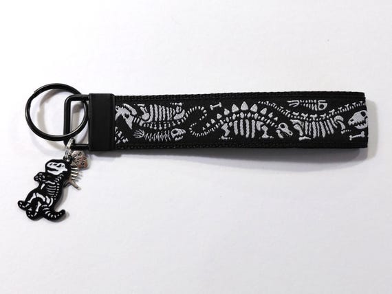 DINOSAUR BONES (Black) Jacquard Ribbon/Nylon Web 1" wide (25mm) 5.5" long Key Fob w/Charms