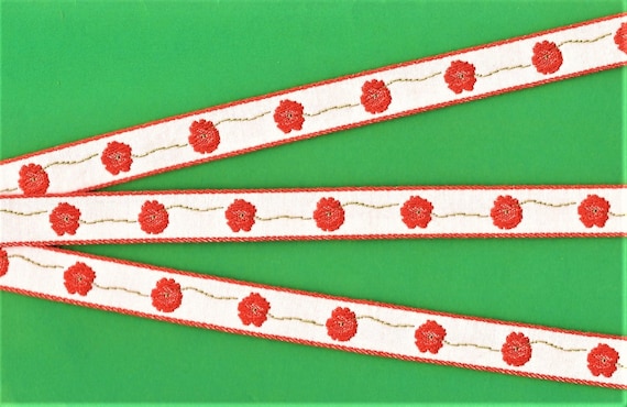 FLORAL C-23 Jacquard Ribbon Cotton Trim 5/8" wide (16mm) White Background with Red Poppies Floral Medallions, Green Leaves