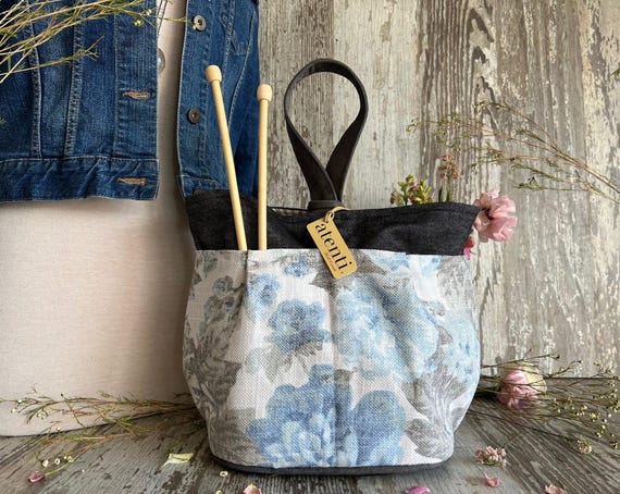 ATENTI Handmade Bags "JENNY" Shades of Cream, Blue & Gray Floral, 8-Pocket Organizer, Needle Arts/Knitting Bag, Project Bag, USA Made