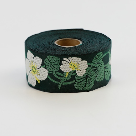 KAFKA G-03/06 Jacquard Ribbon Woven Organic Cotton Trim 1-1/4" wide (32mm) Dk Green Background w/Ivory & Yellow Nasturtiums, Green Leaves