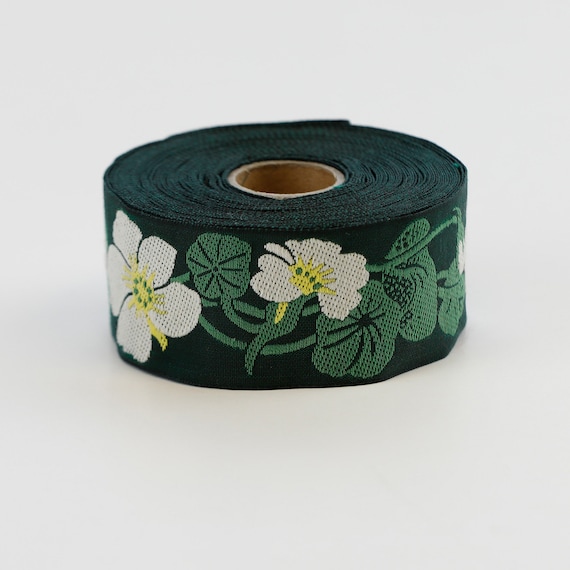 KAFKA G-03/06 Jacquard Ribbon Woven Organic Cotton Trim 1-1/4" wide (32mm) Green w/Off-White & Yellow Nasturtiums Green Leaves