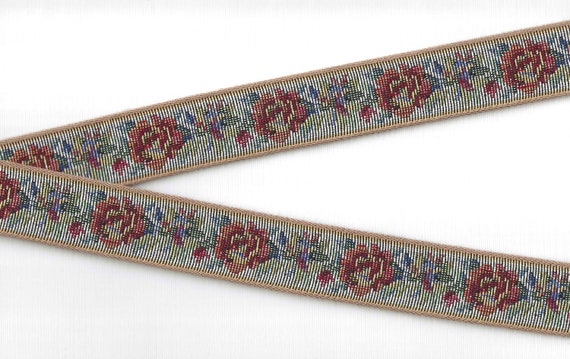 FLORAL TAPESTRY F-21-i Jacquard Ribbon Trim Cotton Trim 1-1/8" wide (28mm) "Petit Point" Design in Gray w/Peach/Red/Blue/Olive/Apricot