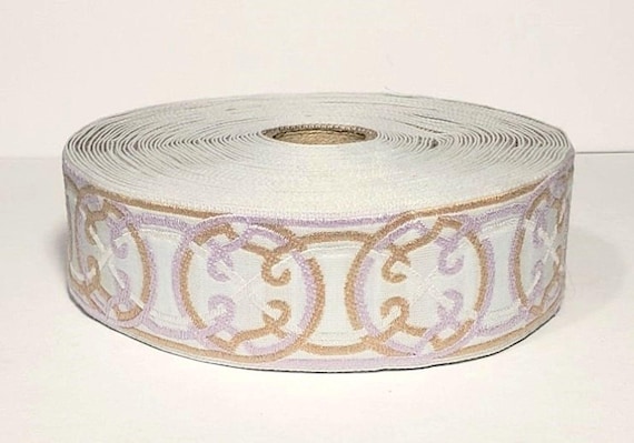 KAFKA G-11/04 Jacquard Ribbon Organic Cotton Trim 1-1/4" wide (32mm) Lt Gray w/Beige, Lilac & White