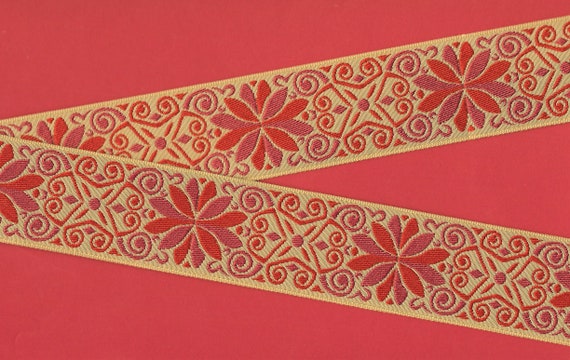 FLORAL H-47-F Jacquard Ribbon Trim, Polyester, 1-1/2" Wide, Beige Background w/Two Tone Red Flowers & Scroll Design, Priced Per Yard
