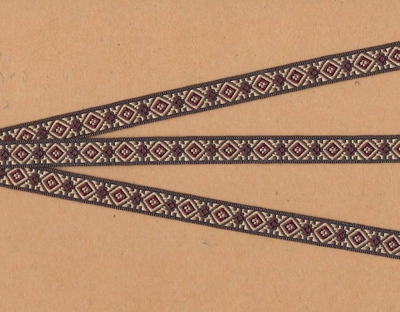 NATIVE AMERICAN A-13-F Jacquard Ribbon Polyester Trim 7/16" wide (10mm) Brown Background w/Burgundy & Chamois Tribal Pattern