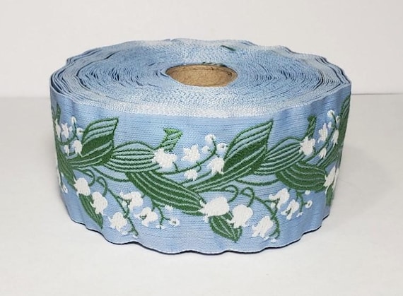 KAFKA H-02/03 Jacquard Ribbon Woven Organic Cotton Trim 1-1/2" wide (38mm) Lt Blue Background White Lilies of the Valley, Green Leaves/Stems