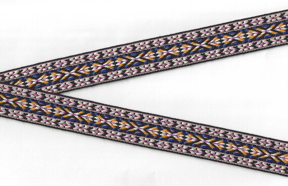 NATIVE AMERICAN F-31-E Jacquard Ribbon Poly Trim 1" wide (25mm) REVERSIBLE in Black, Beige, Royal, Pink & Orange w/White Accents, Per Yard