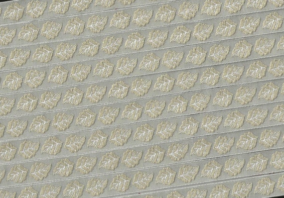 KAFKA A-01/20 Jacquard Ribbon Organic Cotton Trim 7/16" wide (10mm) Tan Background w/Beige Leaves & White Veins