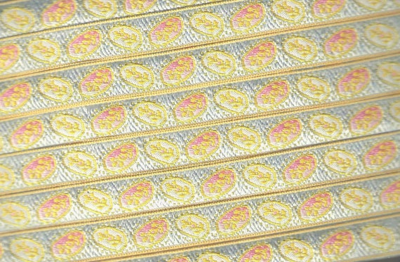 FLORAL B-09-D Jacquard Ribbon Woven Poly Trim 1/2" Wide (13mm) From France, Floral Medallion Design in Blue/Pink/Ivory/Yellow