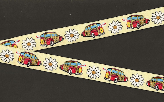 NOVELTY/Beach E-02-A Jacquard Ribbon Poly Trim 7/8" wide (22mm) Retro, Hippie, Wood Panel Wagon w/Surfboards, Big Happy Daisies, Per Yard