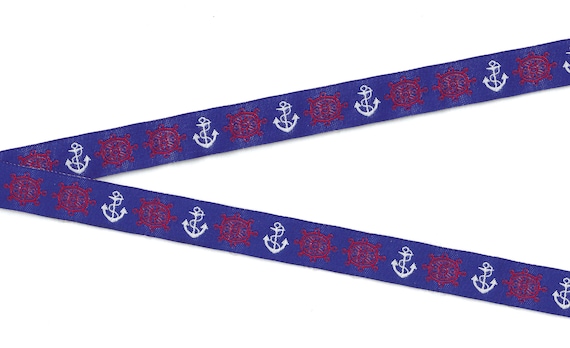 SPORTS/Nautical C-07-B Jacquard Ribbon Poly Trim 5/8" wide (16mm) Blue w/White Anchors & Red Captain's Wheels