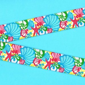 NOVEDAD/Playa G-06-A Cinta de jacquard con ribete de poliéster de 1-1/8" de ancho (28 mm) en turquesa, amarillo, rojo y verde en conchas y estrellas de mar