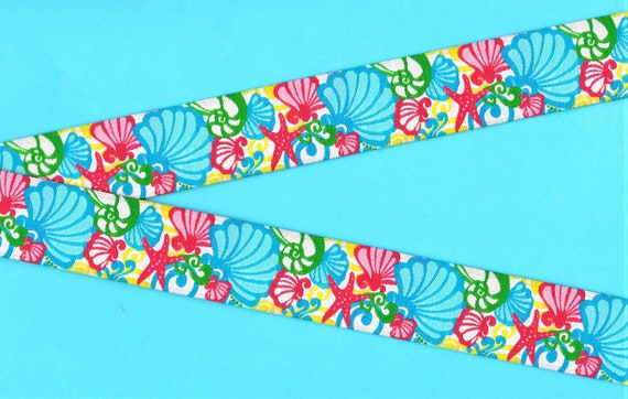 NOVELTY/Beach G-06-A Jacquard Ribbon Poly Trim 1-1/8" wide (28mm) Turquoise, Yellow, Red and Green in Shells & Starfish