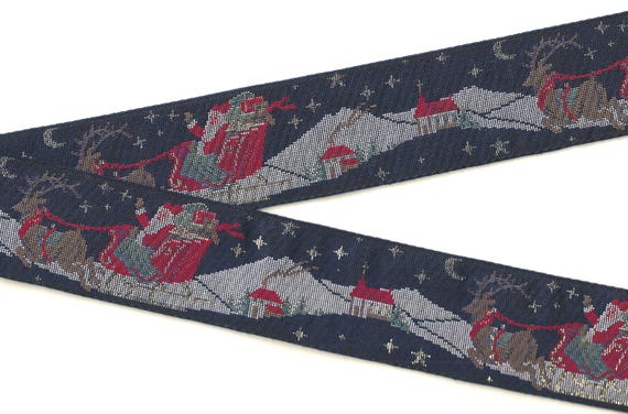 HOLIDAY M-02-B Jacquard Ribbon Cotton Trim 2-1/8" Wide (54mm) VINTAGE Navy w/Santa & Sleigh