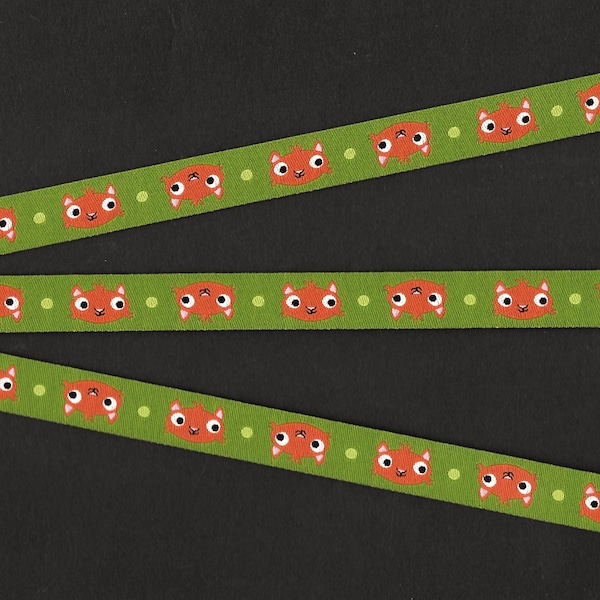 ANIMALS/Wildlife B-01-A Jacquard Ribbon Poly Trim, 1/2" Wide (13mm) FARBENMIX Design from Germany, Smiling Fox Faces on Green