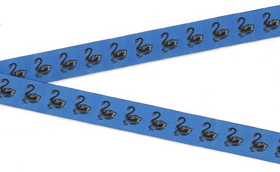 ANIMALS/Birds E-22-A Jacquard Ribbon Woven Polyester Trim 7/8" wide (22mm)Blue Background w/Black Swans, Red Beaks