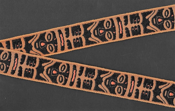 NATIVE AMERICAN G-17-A Jacquard Ribbon Cotton Trim 1-1/8" wide (28mm) VINTAGE Caramel w/Black Tribal Mask/Totem Designs