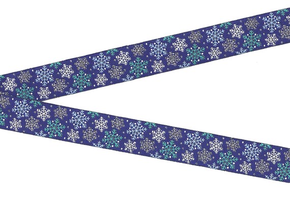 SNOWFLAKES E-02-A Jacquard Ribbon Polyester Trim 7/8" wide (22mm) Royal Blue Background w/Teal, White, Blue & Metallic Silver Snowflakes