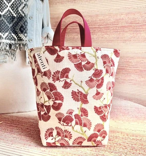 ATENTI "CHARM" Cream/Cranberry/Rose Gingko Tapestry, Hope Basket Needle Arts/Knitting Project Bag, Handmade USA