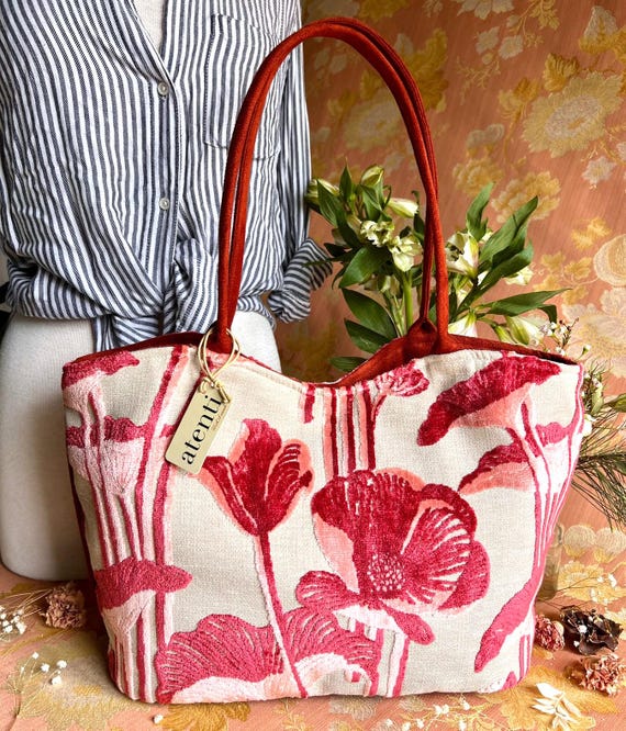 ATENTI Handmade Bags "LALIQUE" Pink Cut Velvet Tapestry Floral Bag, Needle Arts Organizer Bag and Grand Accessory Pouch 2pc Set, USA Made