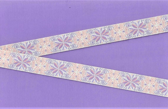 FLORAL E-35-A Jacquard Ribbon Poly Trim 7/8" wide (22mm) Ivory Background w/Pastel Peach, Lilac & Purple Flowers Scroll Accents, Per Yard