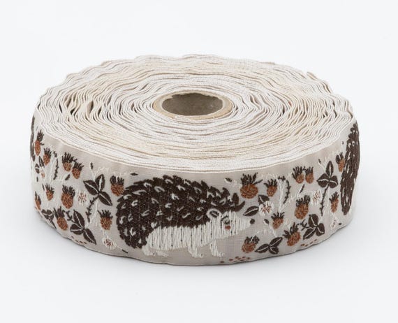 KAFKA G-33/05 Jacquard Ribbon Woven Organic Cotton Trim 1-1/4" wide (32mm) Beige Background w/Brown & Ivory Hedgehogs