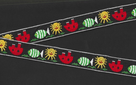 CHILDREN's F-01-G Jacquard Ribbon Cotton Trim, 1" Wide (25mm) Black Background w/Green & White Fish, Sun Motifs and Red Boats