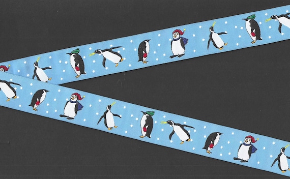 HOLIDAY F-19-A Jacquard Ribbon Poly Trim 15/16" wide (24mm) Blue w/Penguins Playing in the Snow