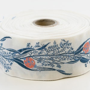 KAFKA H-01/06 Jacquard Ribbon Organic Woven Cotton Trim 1-5/8&quot; wide (40mm) IVORY w/Sweet Apricot Ladybugs, Blue Leaves/Stems
