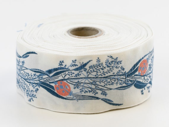 KAFKA H-01/06 Jacquard Ribbon Organic Woven Cotton Trim 1-1/2" wide (40mm) IVORY w/Sweet Apricot Ladybugs, Blue Leaves/Stems