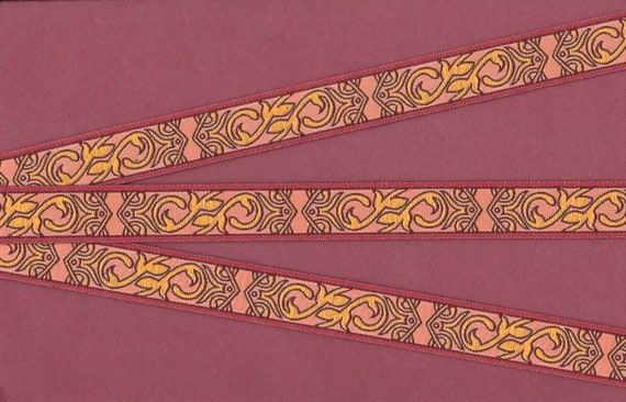 GEOMETRIC D-29-D Jacquard Ribbon Poly Trim 3/4" wide (20mm) Dark Peach Background, Red Borders, Gold Scrolls, Gold Accents