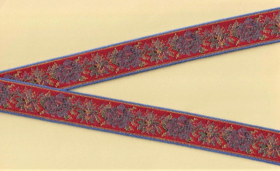 FLORAL TAPESTRY F-21-L Jacquard Ribbon Cotton Trim 1-1/8" wide (28mm) "Petit Point" Design in Red, Purple, Royal Blue, Yellow & Green