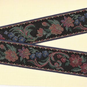 FLORAL TAPESTRY H-09-D Jacquard Ribbon Cotton Trim 1-1/2&quot; wide (38mm) Black w/Navy Border Multi-Colored Flowers Green Leaves