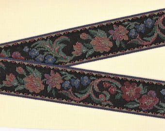 FLORAL TAPESTRY H-09-D Jacquard Ribbon Cotton Trim 1-1/2&quot; wide (38mm) Black w/Navy Border Multi-Colored Flowers Green Leaves