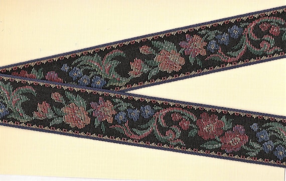 FLORAL TAPESTRY H-09-D Jacquard Ribbon Cotton Trim 1-1/2" wide (38mm) Black w/Navy Border Multi-Colored Flowers Green Leaves