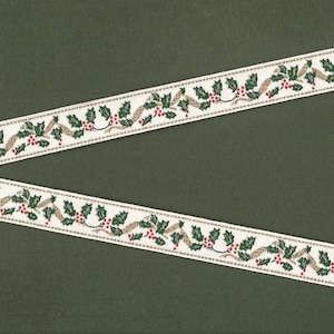 HOLIDAY C-22-A Jacquard Ribbon Poly Trim 5/8&quot; wide (16mm) White Background w/Green Holly Leaves, Red Berries, Gold Metallic Accents