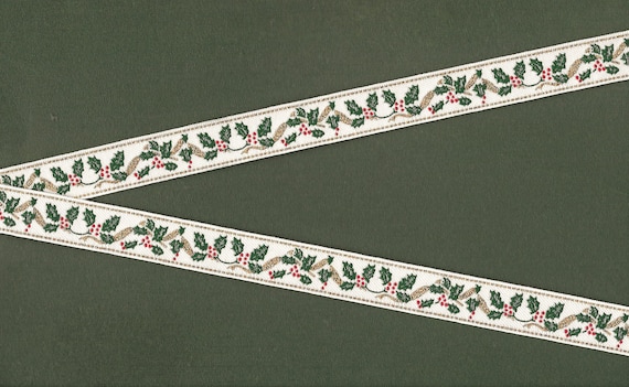 HOLIDAY C-22-A Jacquard Ribbon Poly Trim 5/8" Wide (16mm) White with Green Holly Leaves, Red Berries, Gold Metallic Accents, Per Yard