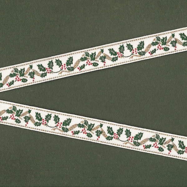 HOLIDAY C-22-A Jacquard Ribbon Poly Trim 5/8" Wide (16mm) White with Green Holly Leaves, Red Berries, Gold Metallic Accents, Per Yard