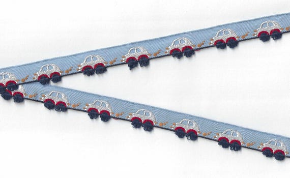 CHILDREN's B-04-B Jacquard Ribbon Poly Trim 1/2" wide (13mm) Made in France, Blue w/White Cars